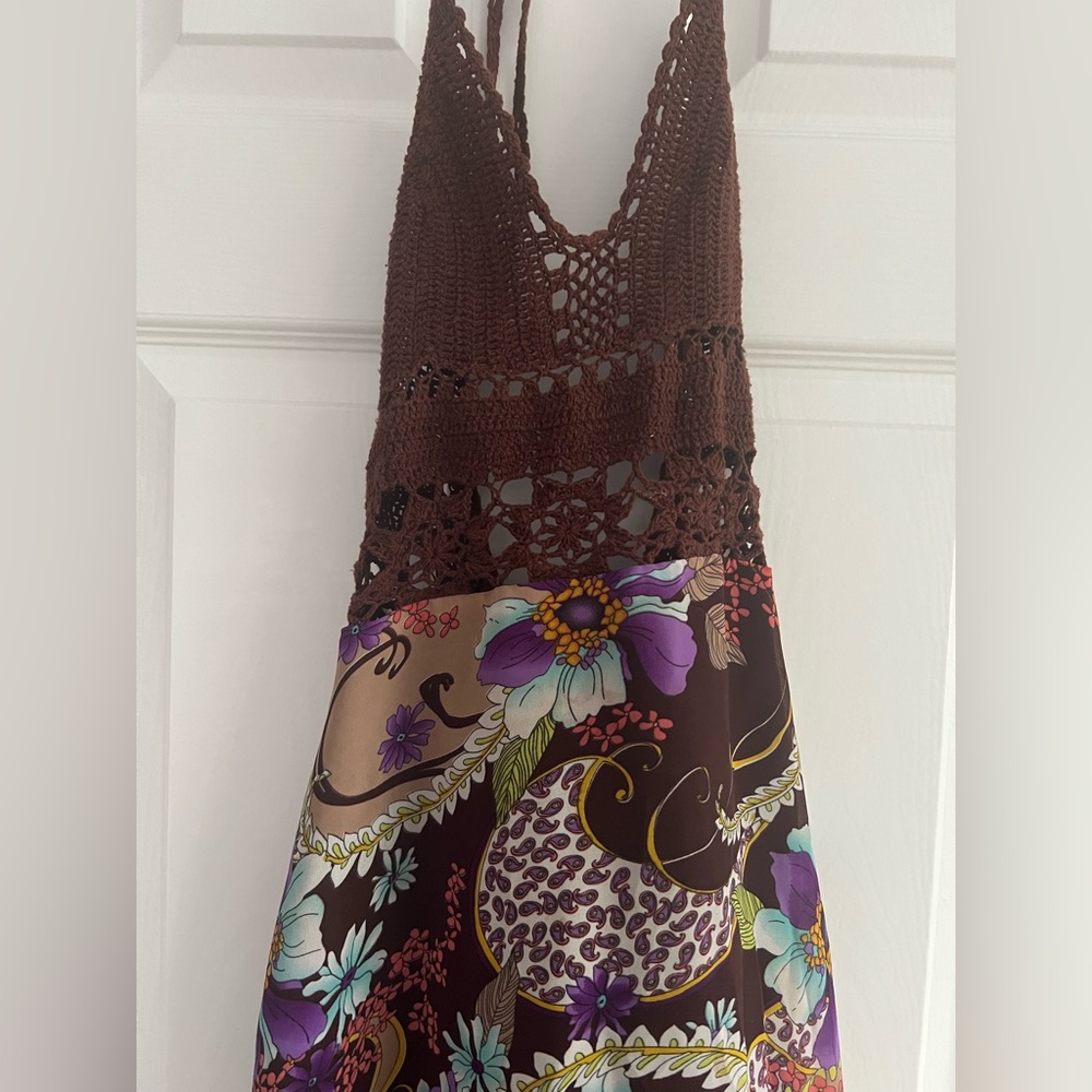Boho Crochet Halter Paisley Floral Halter Dress - S - Pastel